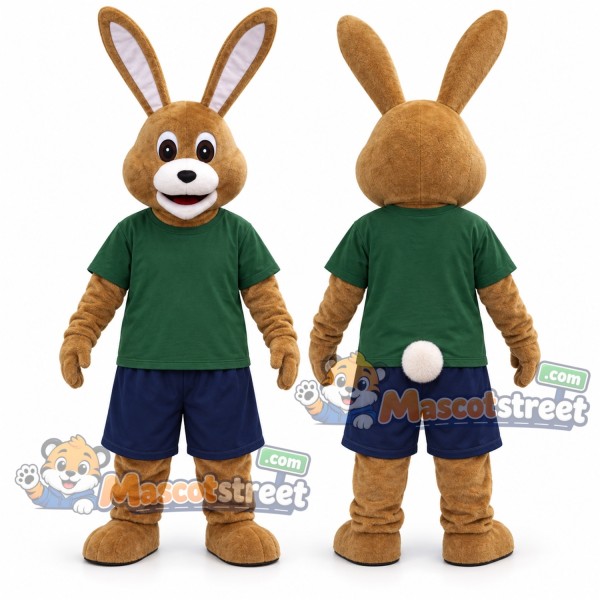 Tan Rabbit Mascot Costume with Green Shirt