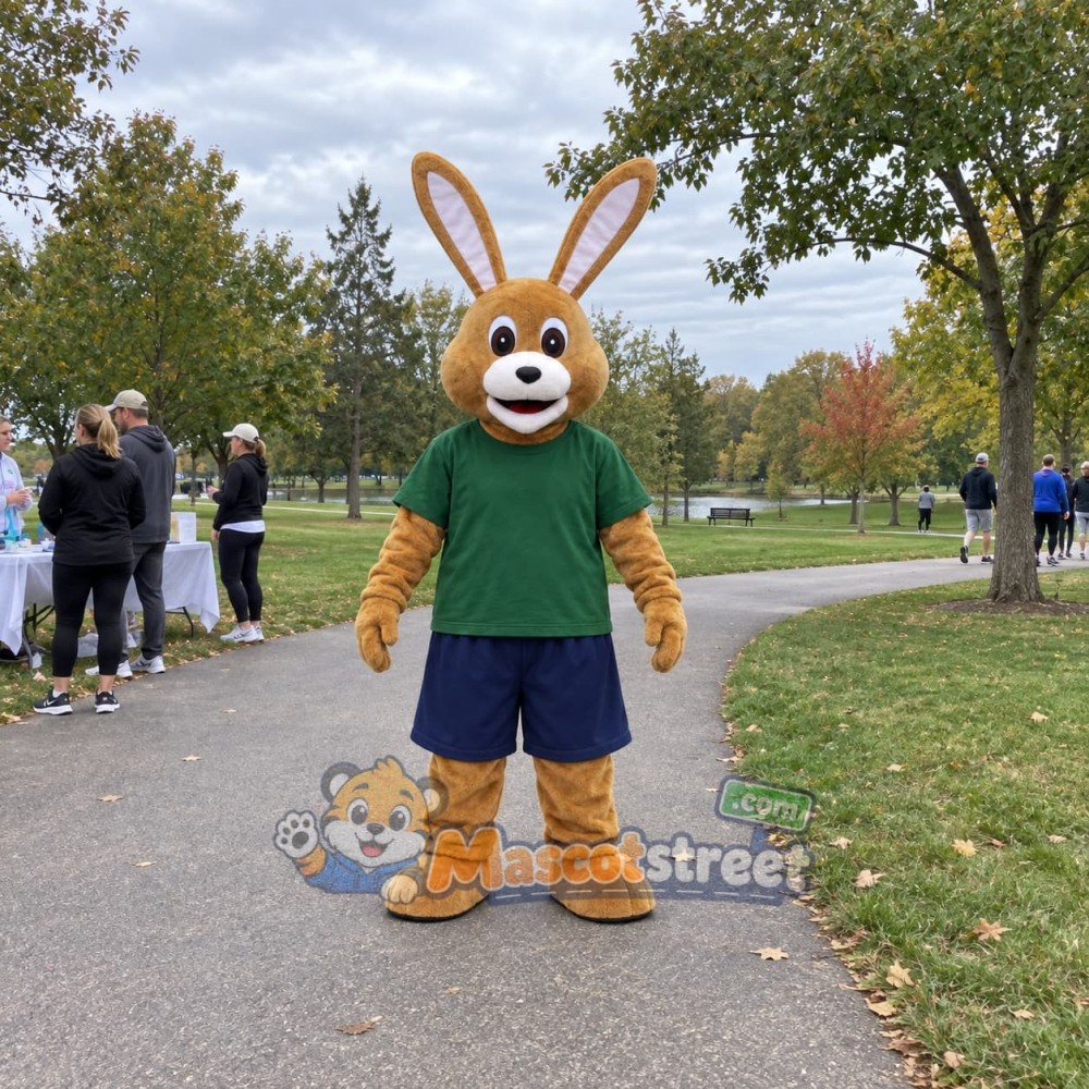 Tan Rabbit Mascot Costume with Green Shirt