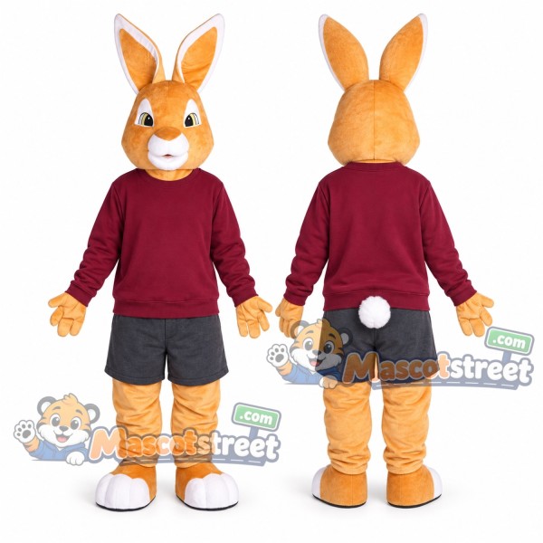 Orange Rabbit Mascot Costume with Burgundy Sweatshirt