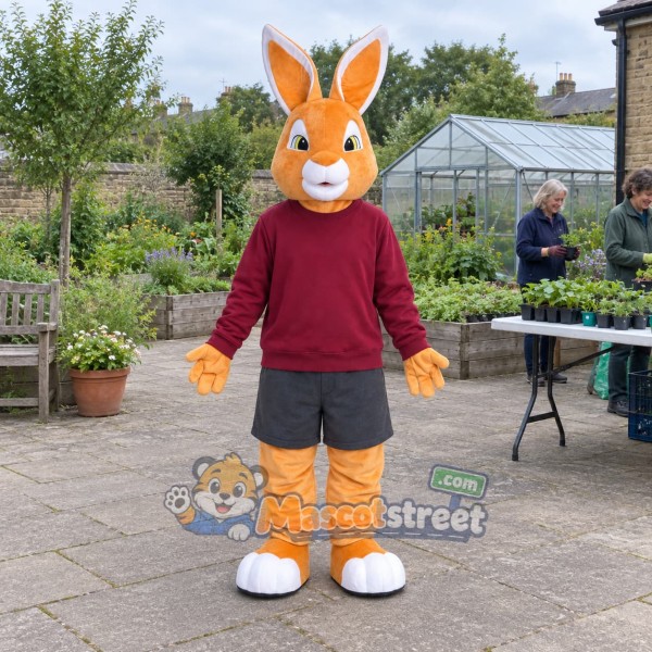 Orange Rabbit Mascot Costume with Burgundy Sweatshirt