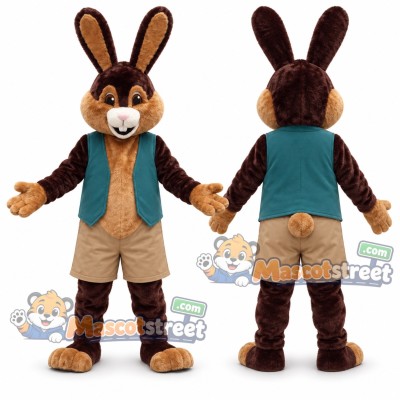 Brown Rabbit Mascot Costume with Teal Vest