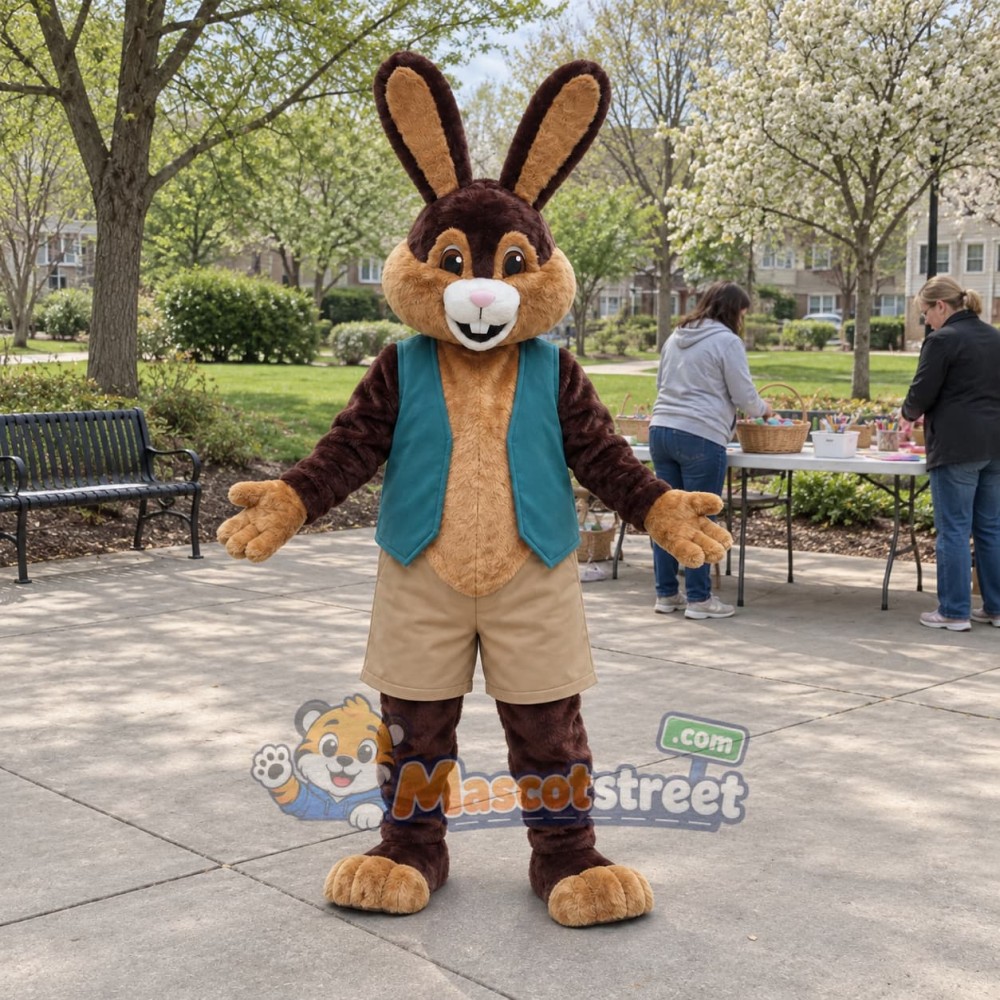 Brown Rabbit Mascot Costume with Teal Vest