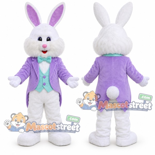 White Rabbit Mascot Costume with Purple Jacket and Aqua Vest