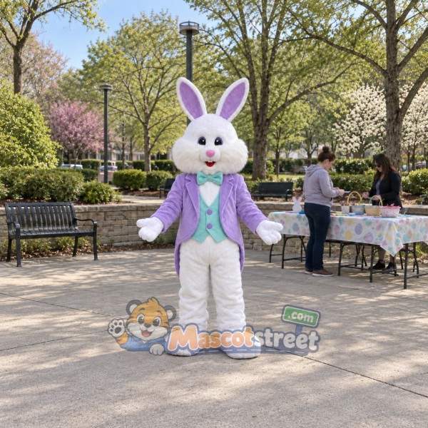 White Rabbit Mascot Costume with Purple Jacket and Aqua Vest