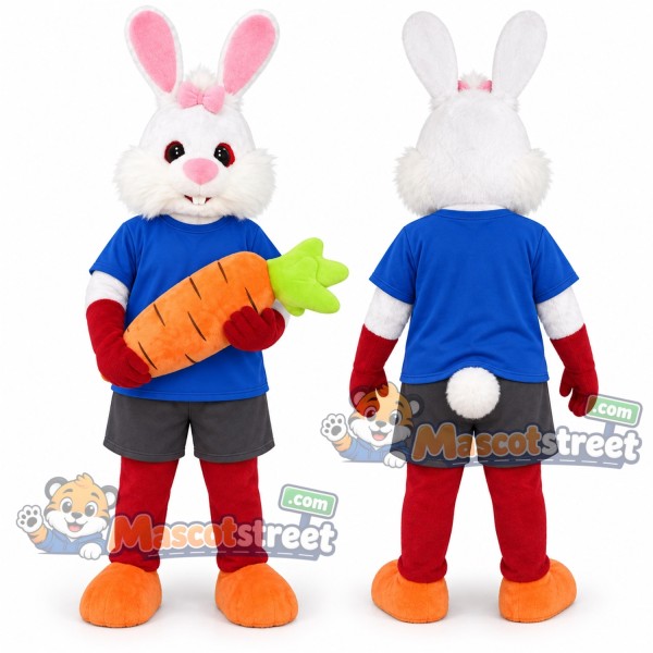White Rabbit Mascot Costume with Blue Shirt and Carrot