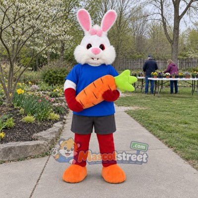 White Rabbit Mascot Costume with Blue Shirt and Carrot White Rabbit Mascot Costume with Blue Shirt and Carrot