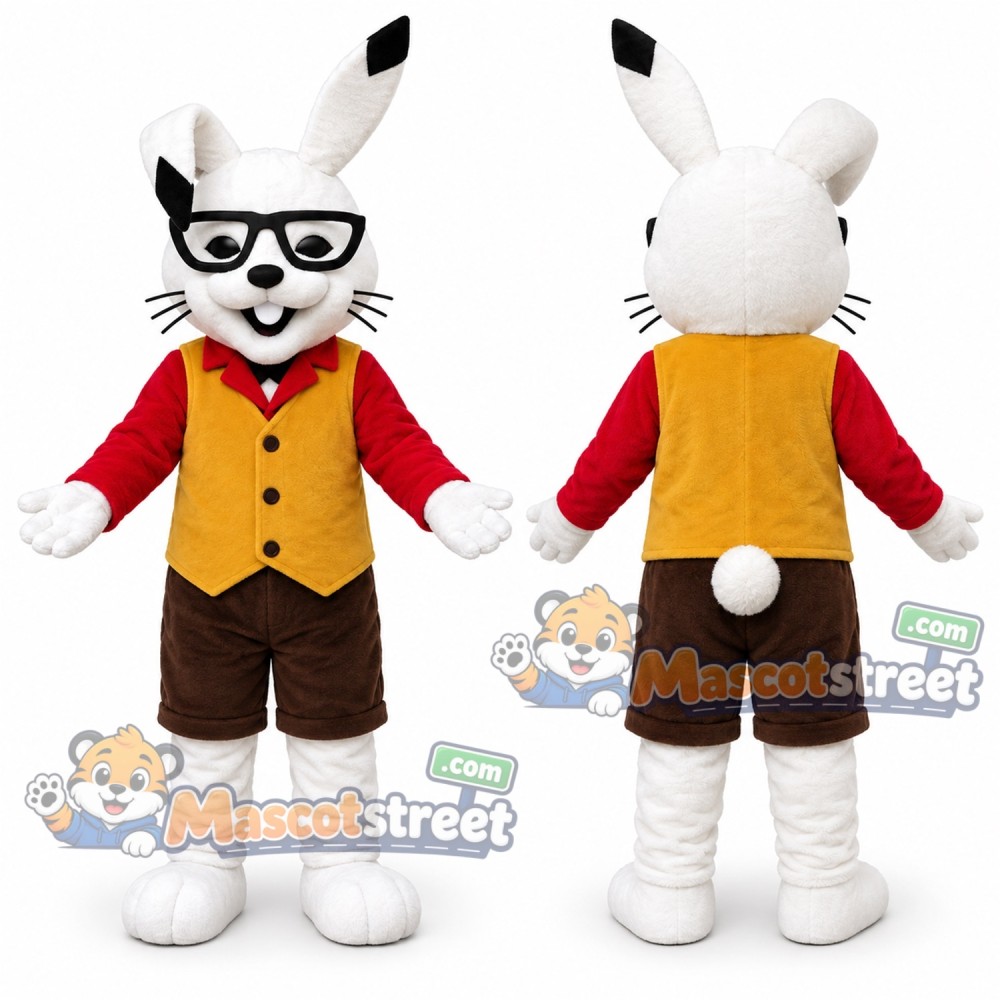 White Rabbit Mascot Costume with Yellow Vest and Glasses White Rabbit Mascot Costume with Yellow Vest and Glasses