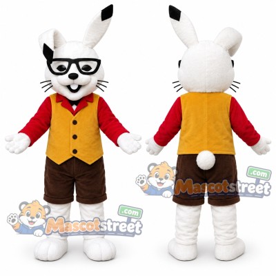 White Rabbit Mascot Costume with Yellow Vest and Glasses White Rabbit Mascot Costume with Yellow Vest and Glasses