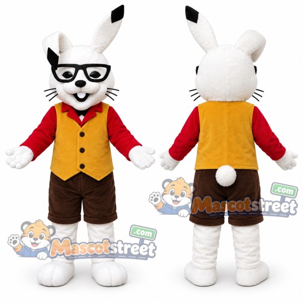 White Rabbit Mascot Costume with Yellow Vest and Glasses