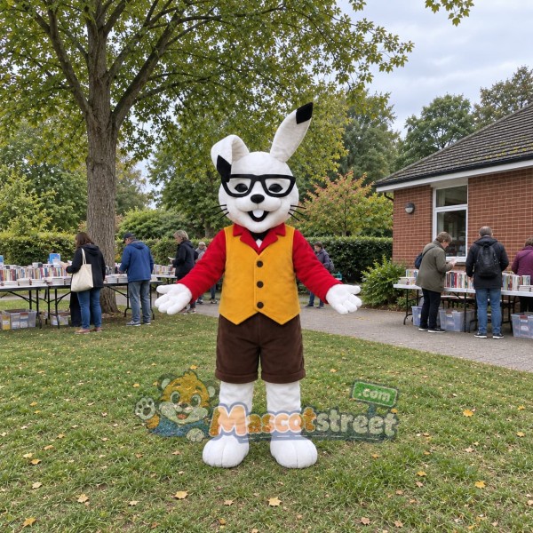 White Rabbit Mascot Costume with Yellow Vest and Glasses
