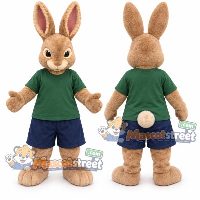 Tan Rabbit Mascot Costume with Green Shirt