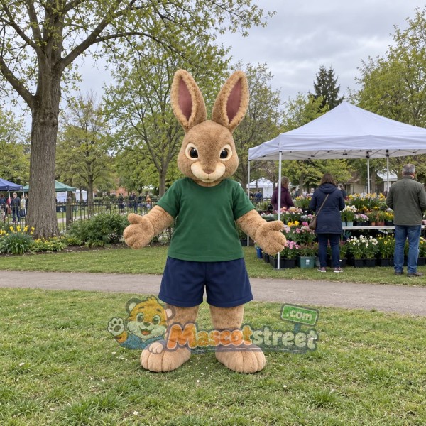 Tan Rabbit Mascot Costume with Green Shirt