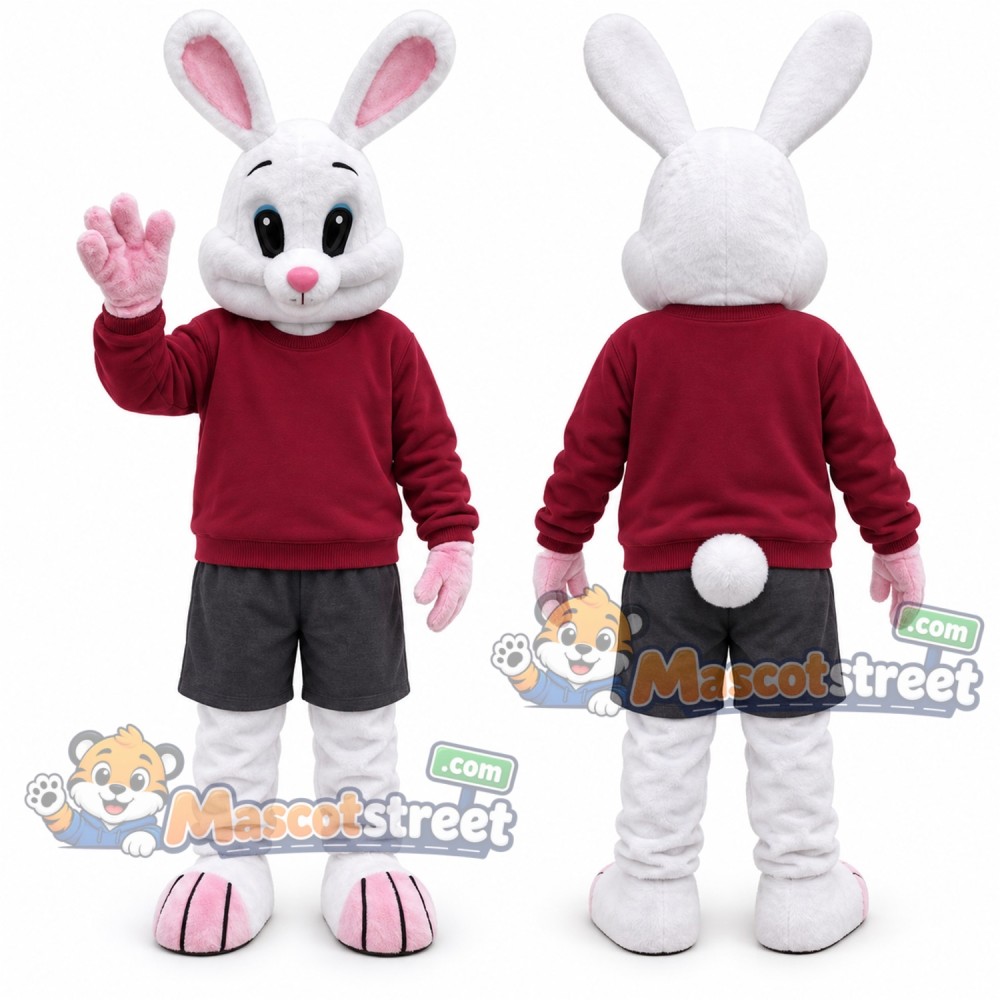 White Rabbit Mascot Costume with Burgundy Sweatshirt