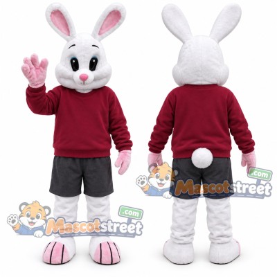 White Rabbit Mascot Costume with Burgundy Sweatshirt