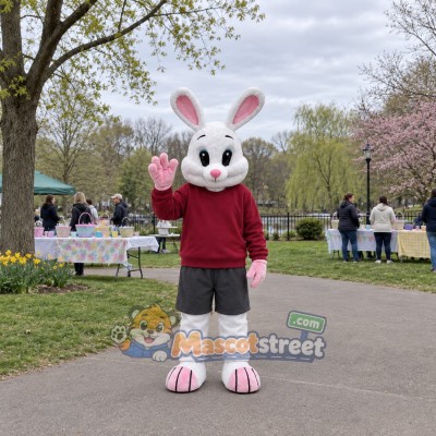 White Rabbit Mascot Costume with Burgundy Sweatshirt