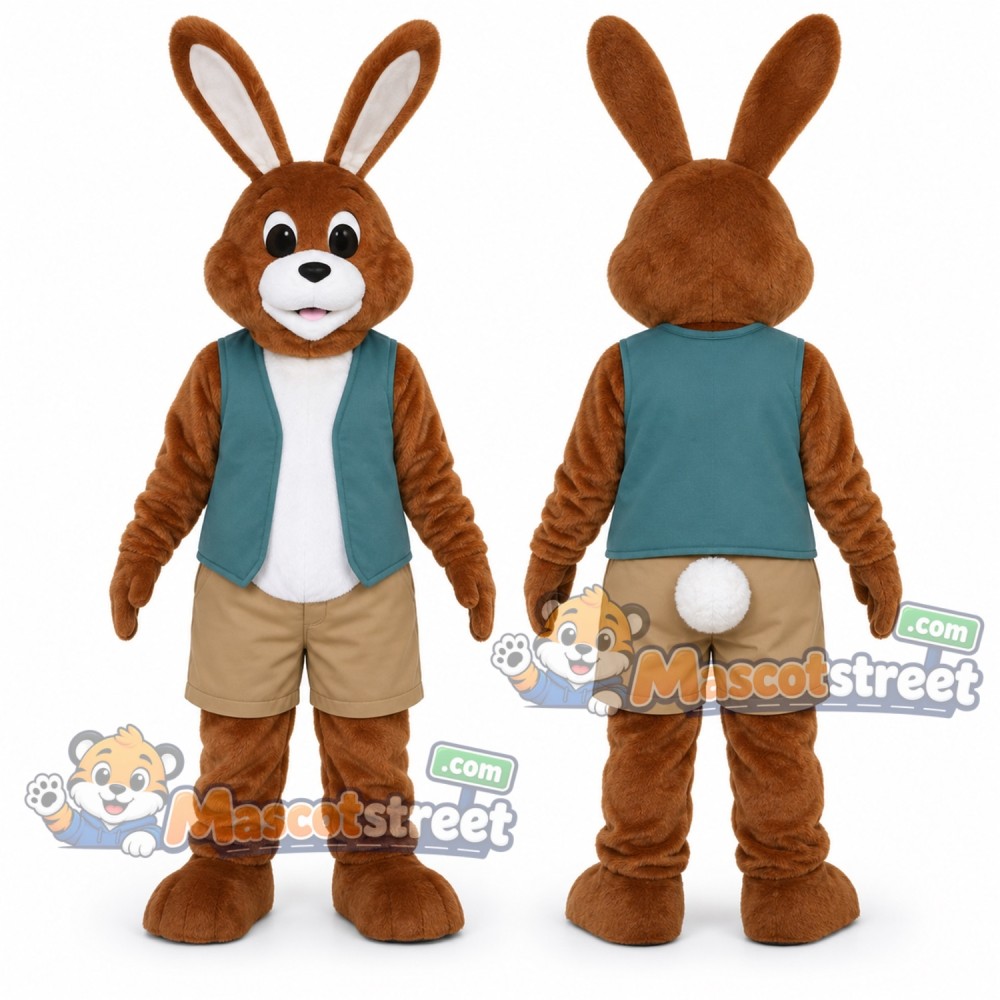 Brown Rabbit Mascot Costume with Teal Vest