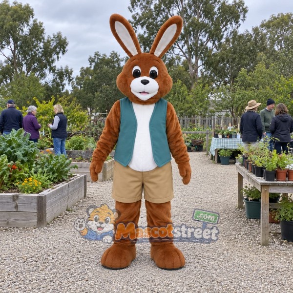 Brown Rabbit Mascot Costume with Teal Vest