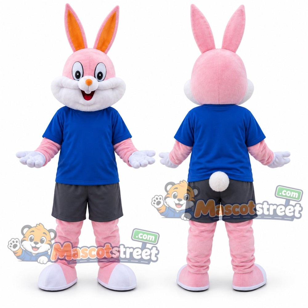 Pink Rabbit Mascot Costume with Blue Shirt Pink Rabbit Mascot Costume with Blue Shirt