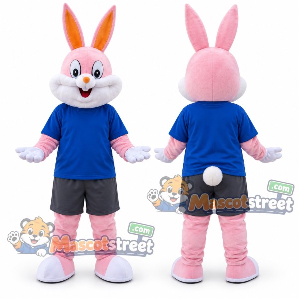 Pink Rabbit Mascot Costume with Blue Shirt