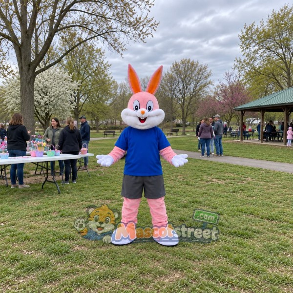 Pink Rabbit Mascot Costume with Blue Shirt