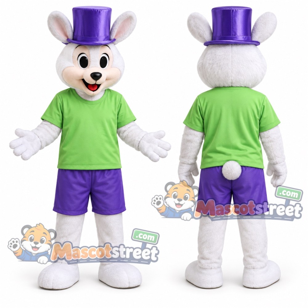 White Rabbit Mascot Costume with Green Shirt and Purple Top Hat