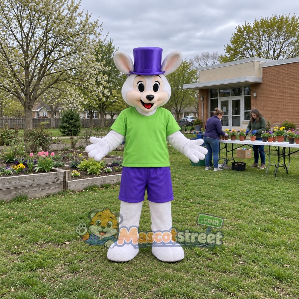 White Rabbit Mascot Costume with Green Shirt and Purple Top Hat