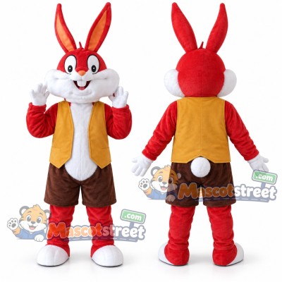 Red Rabbit Mascot Costume with Yellow Vest