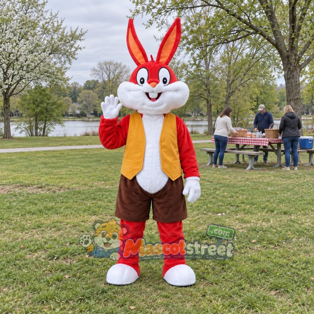 Red Rabbit Mascot Costume with Yellow Vest