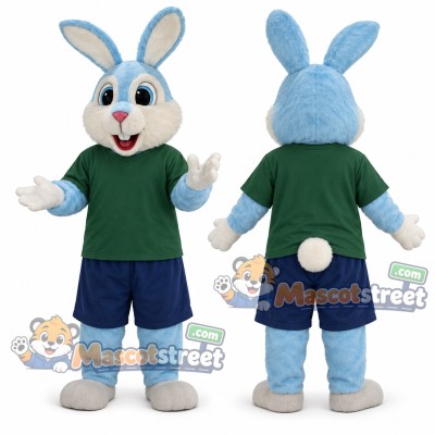 Light Blue Rabbit Mascot Costume with Green Shirt