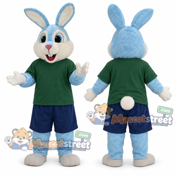 Light Blue Rabbit Mascot Costume with Green Shirt