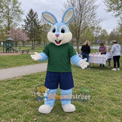 Light Blue Rabbit Mascot Costume with Green Shirt