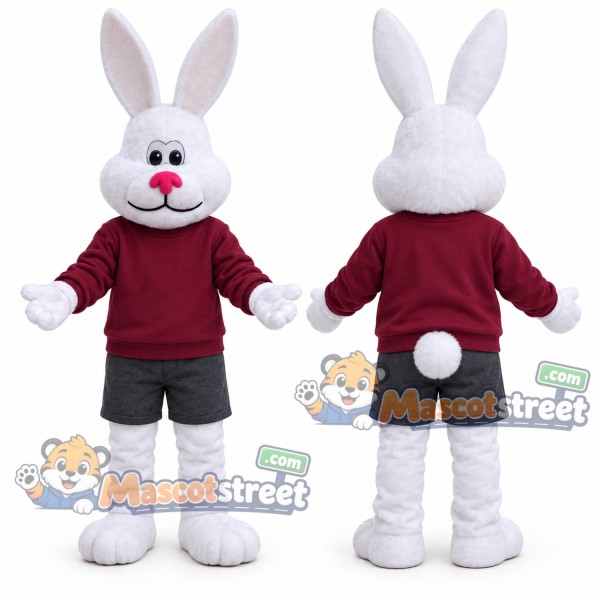 White Rabbit Mascot Costume with Burgundy Sweatshirt