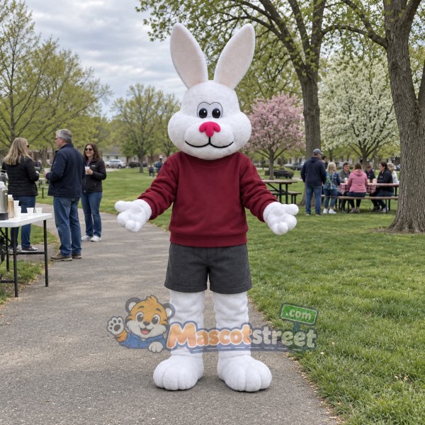 White Rabbit Mascot Costume with Burgundy Sweatshirt