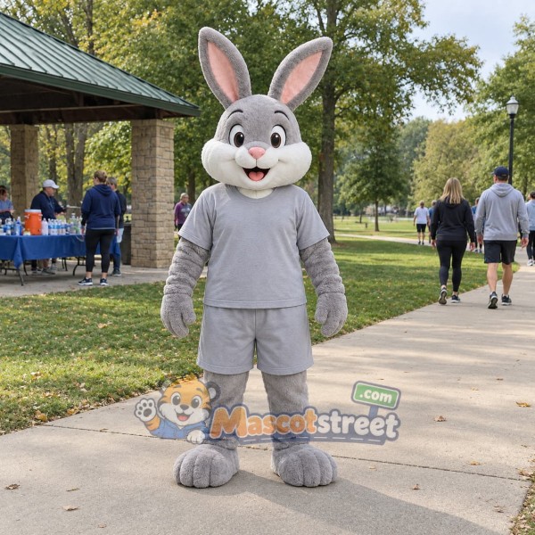 Gray Rabbit Mascot Costume with Gray Outfit