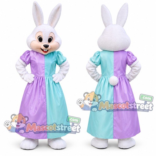 White Rabbit Mascot Costume with Purple and Aqua Dress