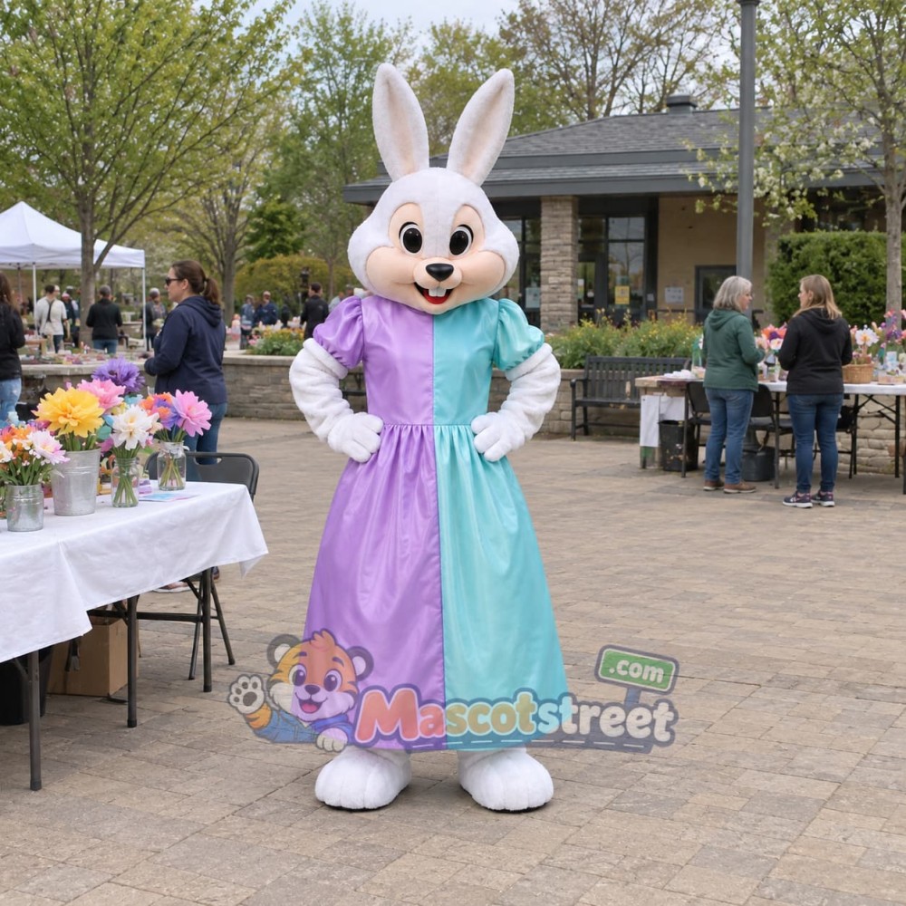 White Rabbit Mascot Costume with Purple and Aqua Dress White Rabbit Mascot Costume with Purple and Aqua Dress