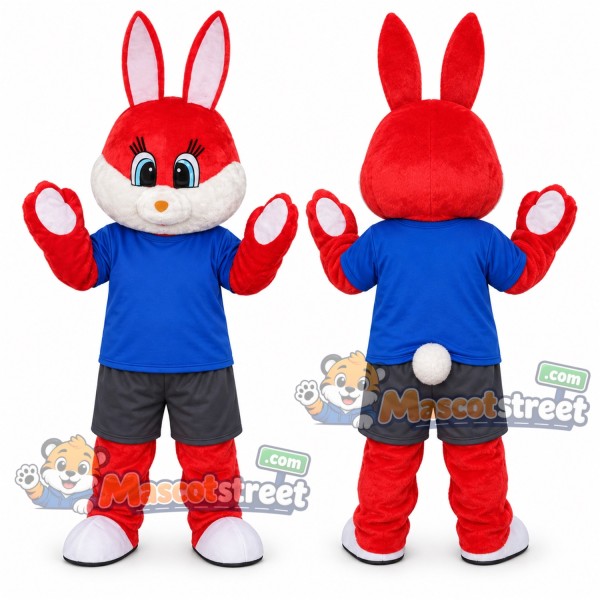 Red Rabbit Mascot Costume with Blue Shirt