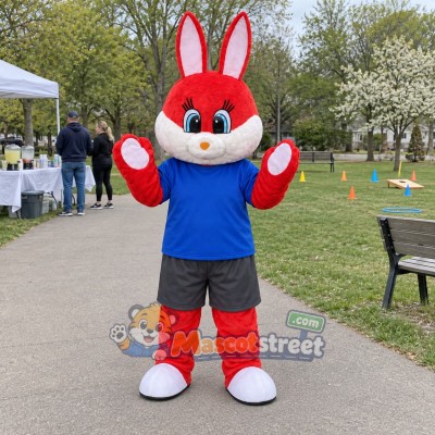 Red Rabbit Mascot Costume with Blue Shirt