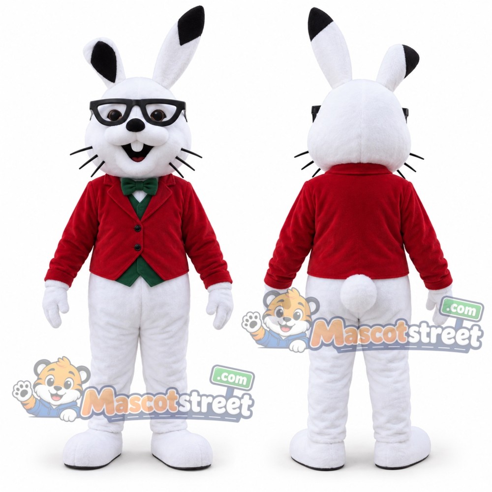 White Rabbit Mascot Costume with Red Jacket and Glasses