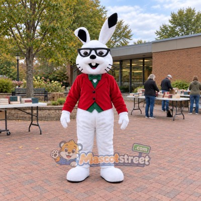 White Rabbit Mascot Costume with Red Jacket and Glasses
