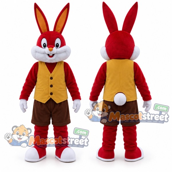 Red Rabbit Mascot Costume with Yellow Vest