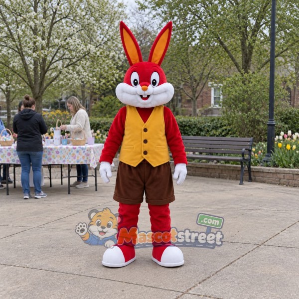 Red Rabbit Mascot Costume with Yellow Vest