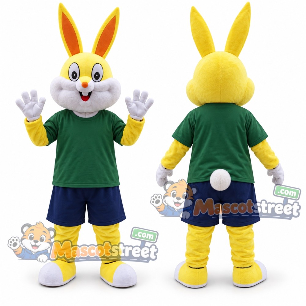 Yellow Rabbit Mascot Costume with Green Shirt Yellow Rabbit Mascot Costume with Green Shirt