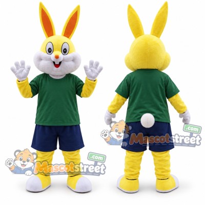 Yellow Rabbit Mascot Costume with Green Shirt Yellow Rabbit Mascot Costume with Green Shirt