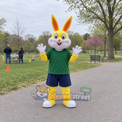 Yellow Rabbit Mascot Costume with Green Shirt Yellow Rabbit Mascot Costume with Green Shirt