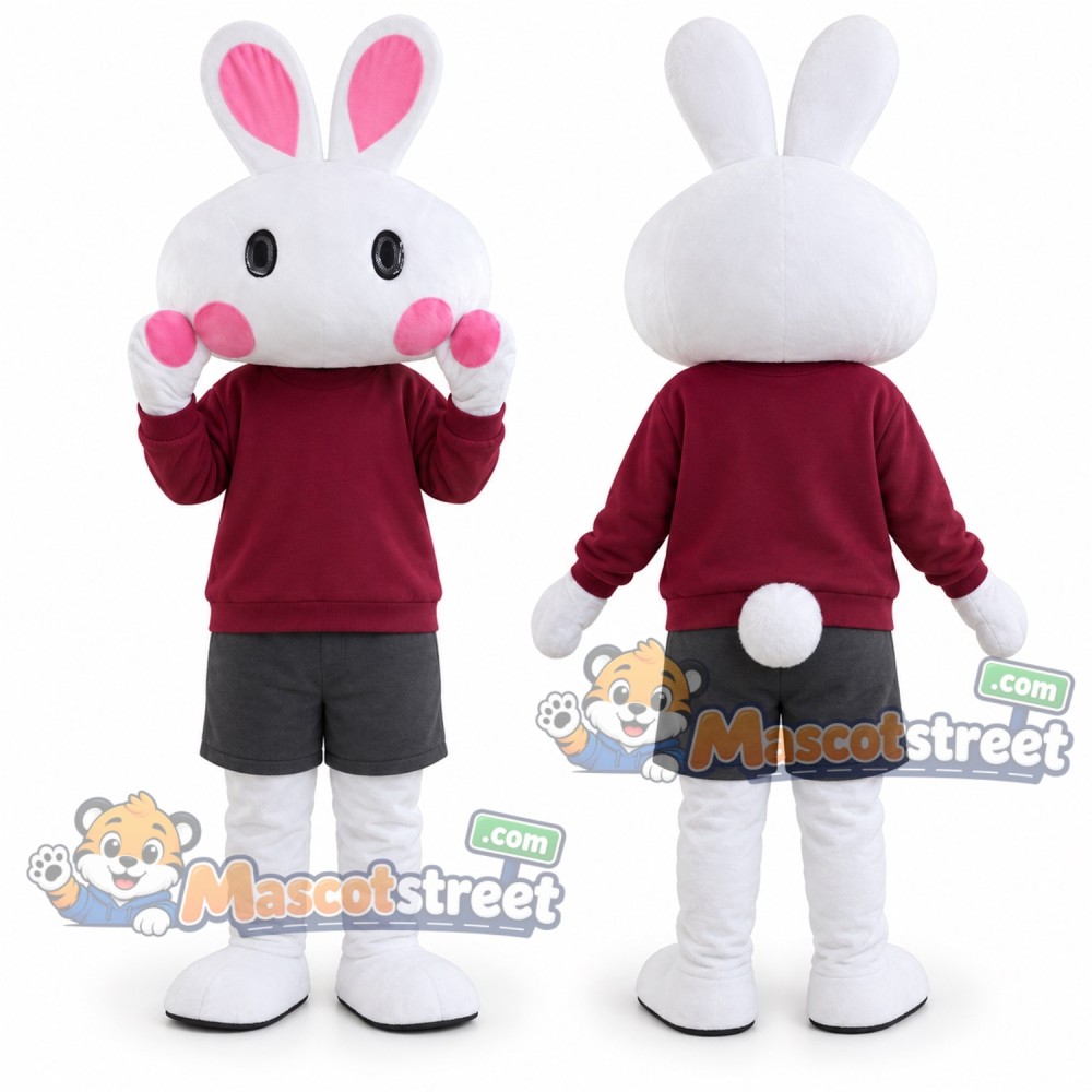 White Rabbit Mascot Costume with Burgundy Sweatshirt
