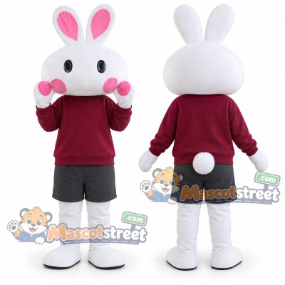 White Rabbit Mascot Costume with Burgundy Sweatshirt