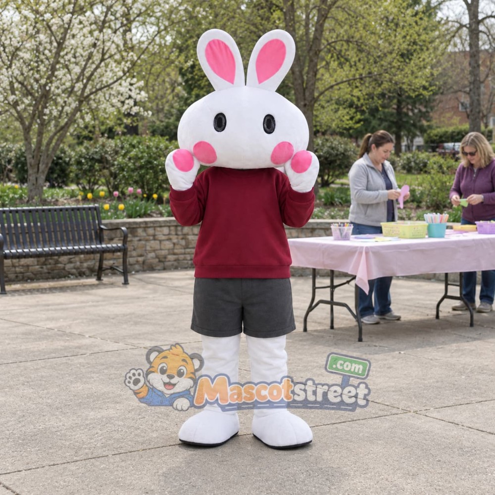 White Rabbit Mascot Costume with Burgundy Sweatshirt