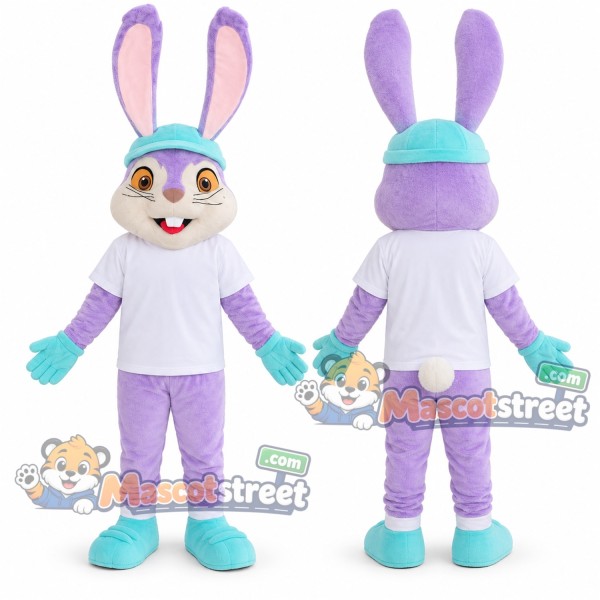 Purple Rabbit Mascot Costume with White Shirt and Aqua Cap