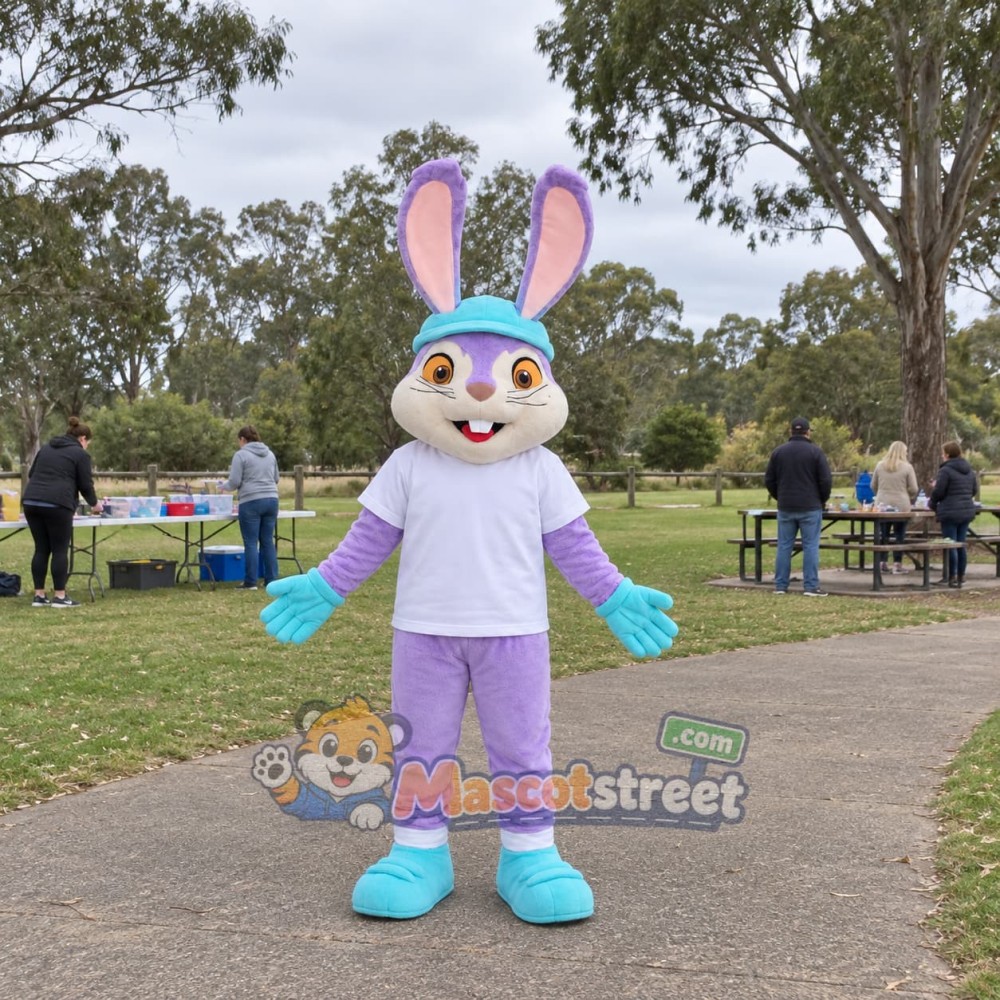 Purple Rabbit Mascot Costume with White Shirt and Aqua Cap Purple Rabbit Mascot Costume with White Shirt and Aqua Cap
